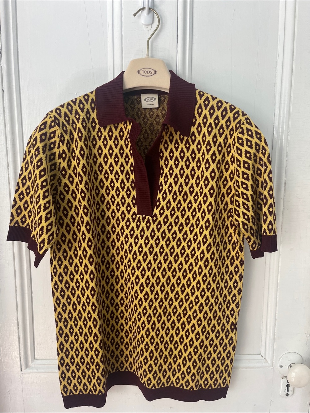 Tod's Yellow and Burgundy Diamond Knit Polo